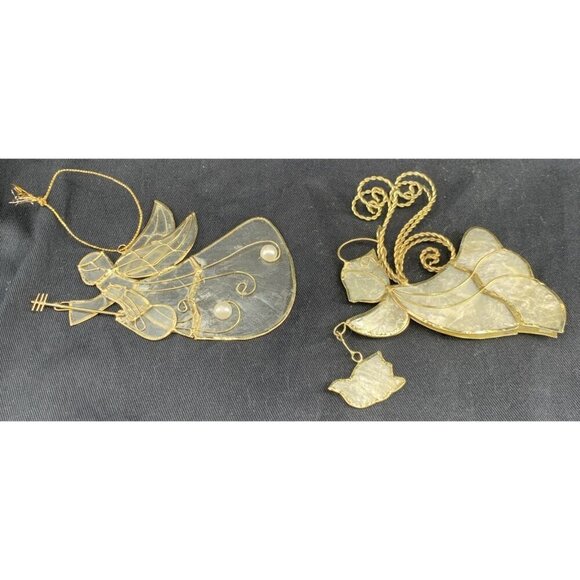 Capiz Shell Angel Christmas Ornaments White With Golden Wire Lot of 2 4.5" Long - Picture 1 of 6